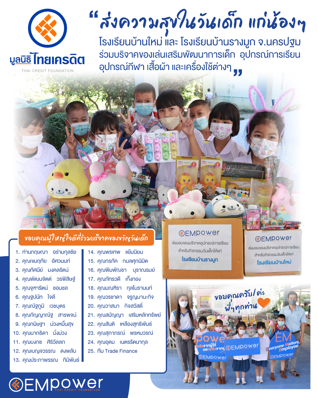 ธ.ไทยเครดิตฯ ร่วมกับ มูลนิธิไทยเครดิต ร่วมส่งความสุขในวันเด็กแก่น้องๆ โรงเรียนบ้านใหม่และโรงเรียนบ้านรางมูก จ.นครปฐม